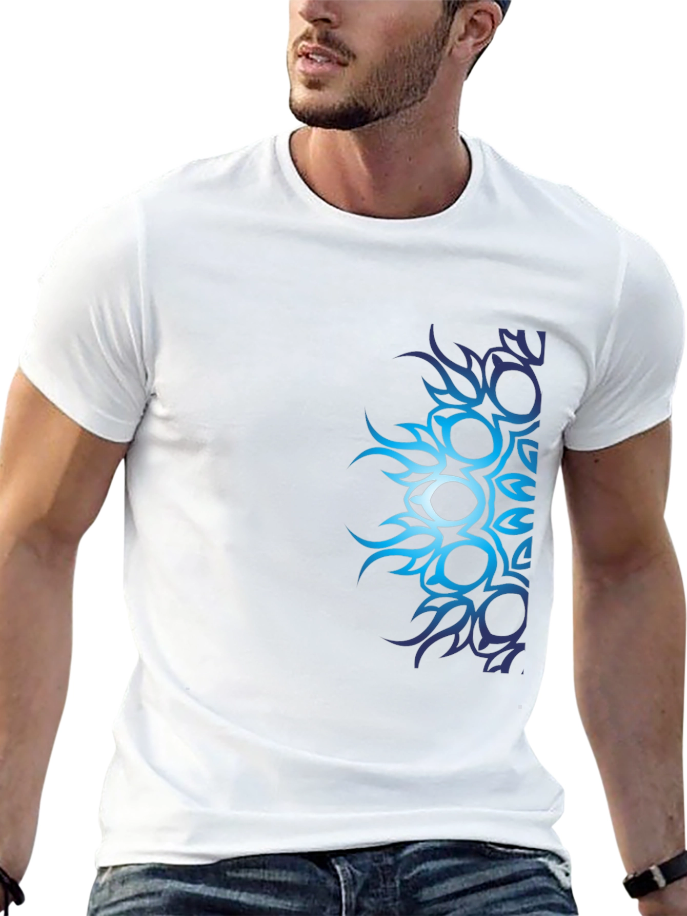 Mens Black T-Shirt with Blue Tribal Design