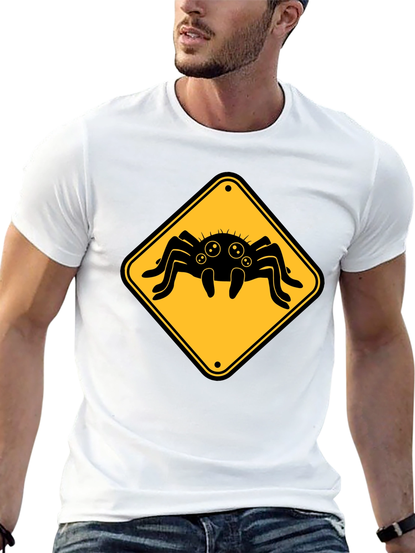 Spider Warning Sign T-Shirt - Black Cotton Tee
