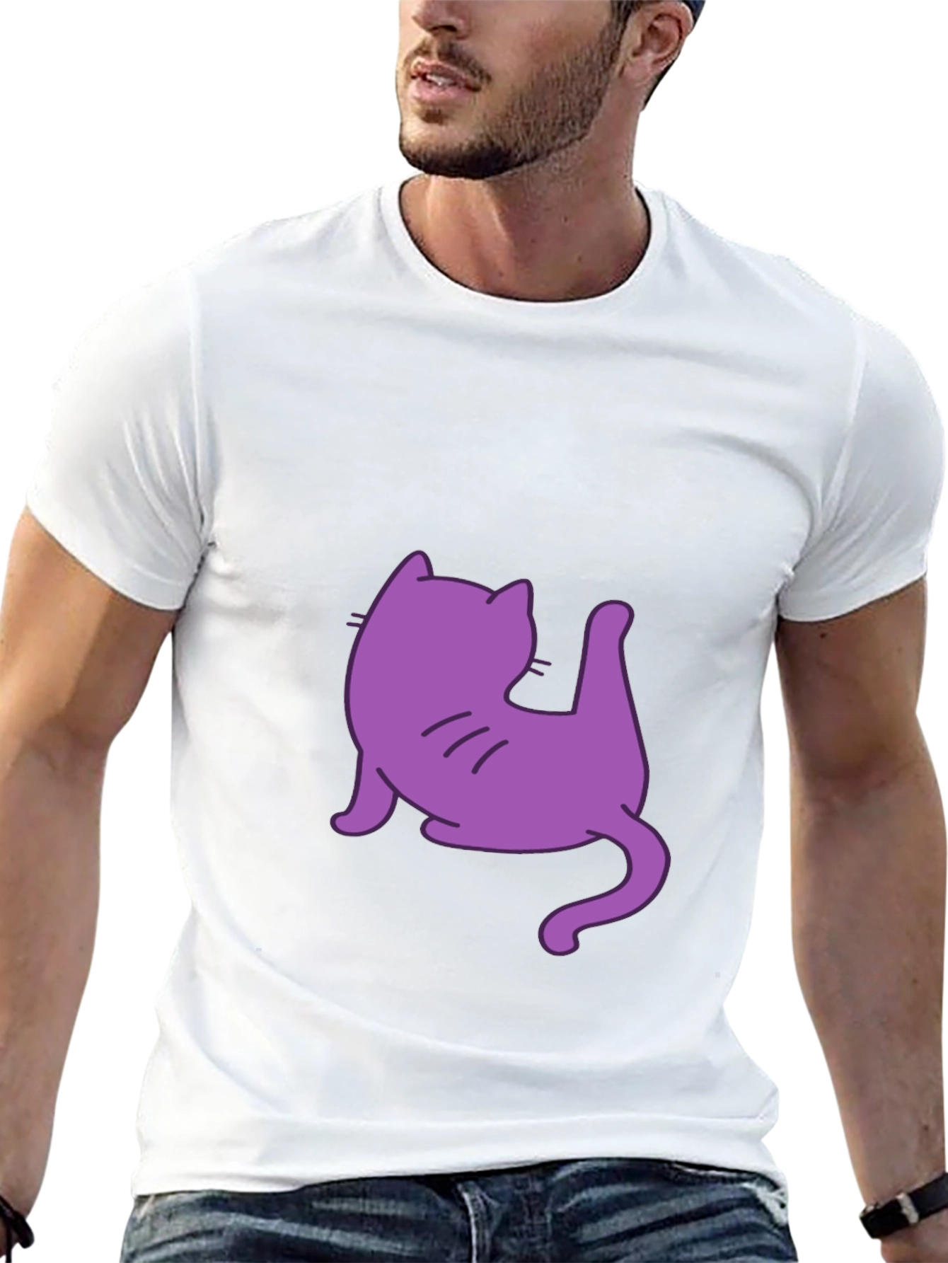 Mens Black T-Shirt with Purple Cat Design