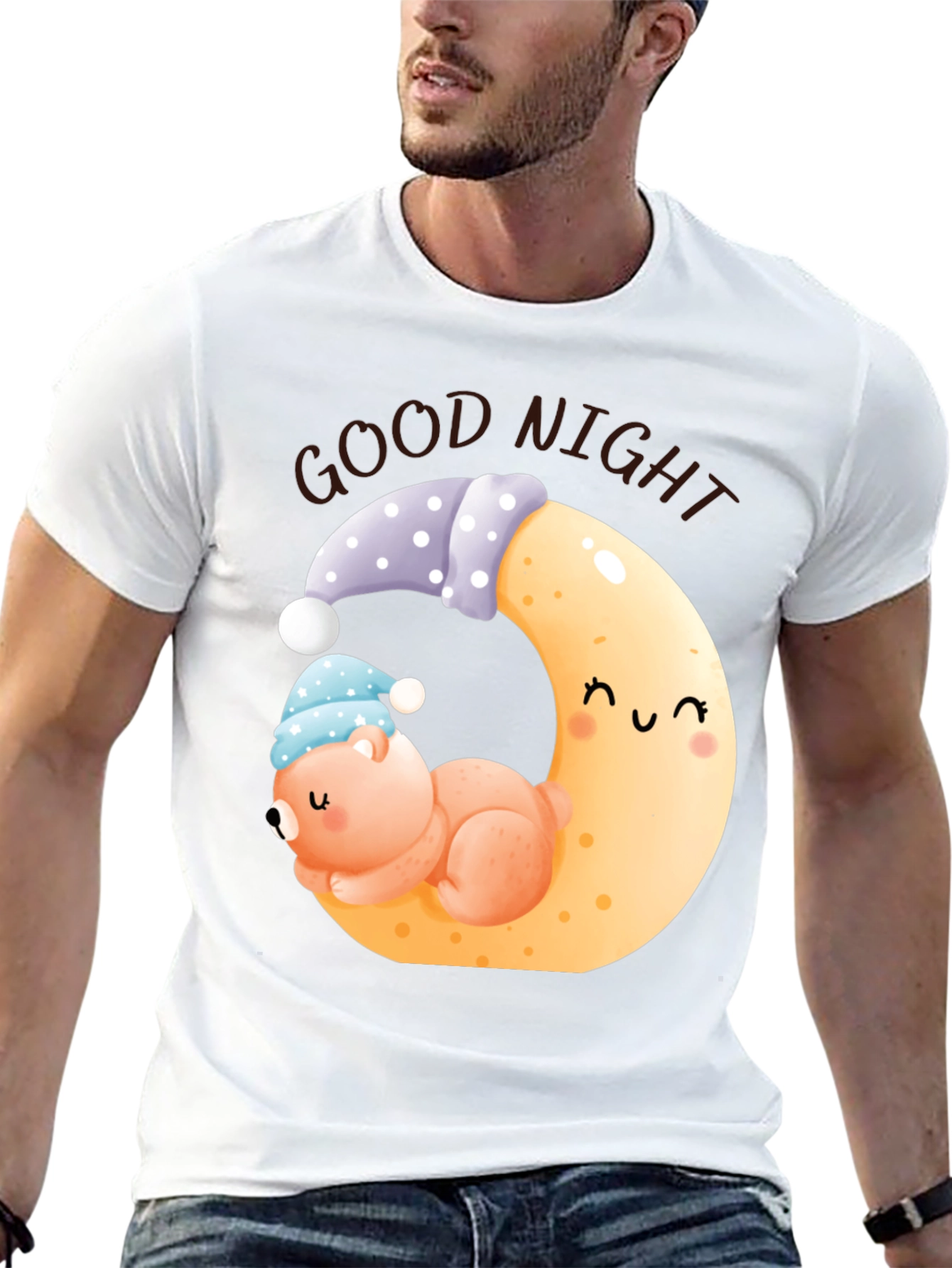 Good Night Bear Moon Graphic Black T-Shirt