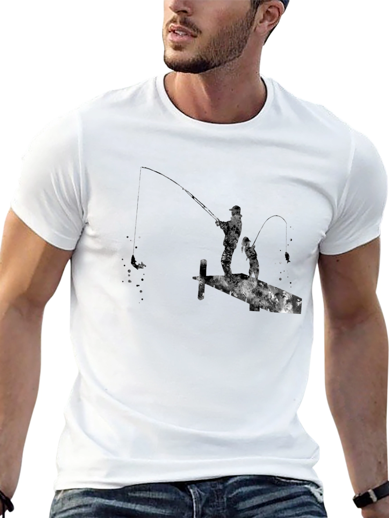 Fishing Silhouette Graphic Black T-Shirt