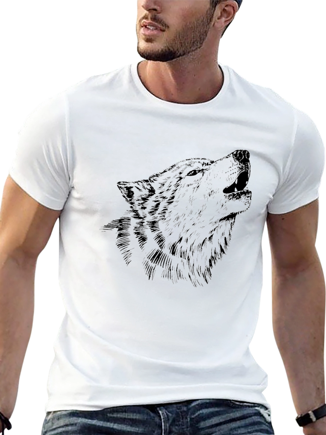 Mens Black Wolf Graphic Print Crew Neck T-Shirt