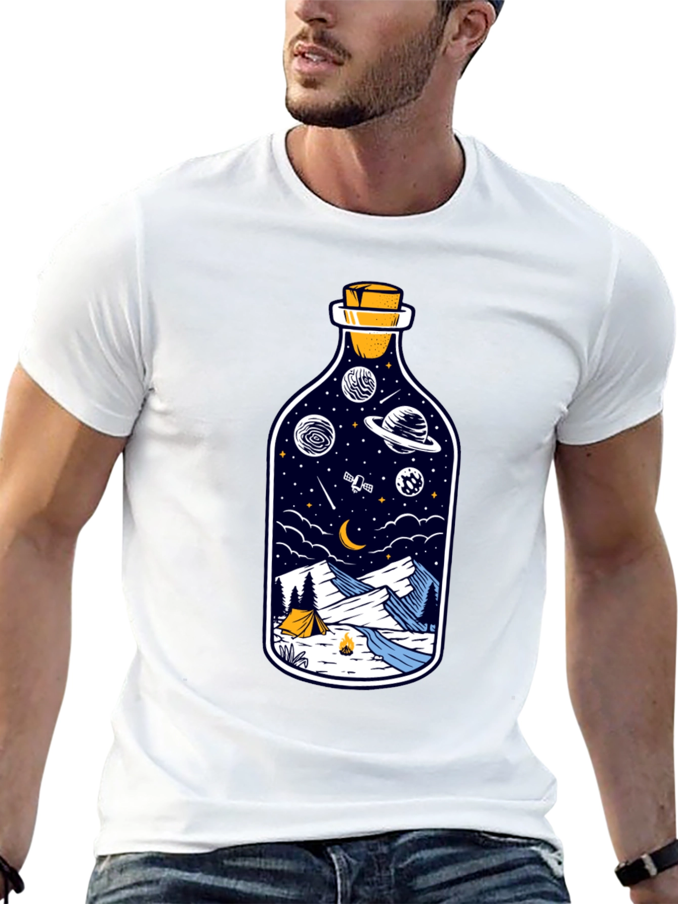 Space & Campfire T-Shirt - Unique Bottle Design