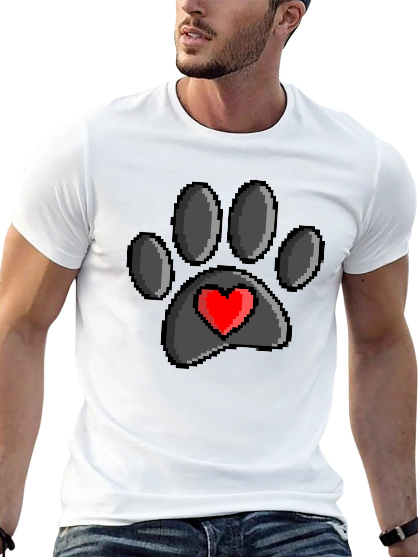 Pixel Paw Print Heart T-Shirt - Black