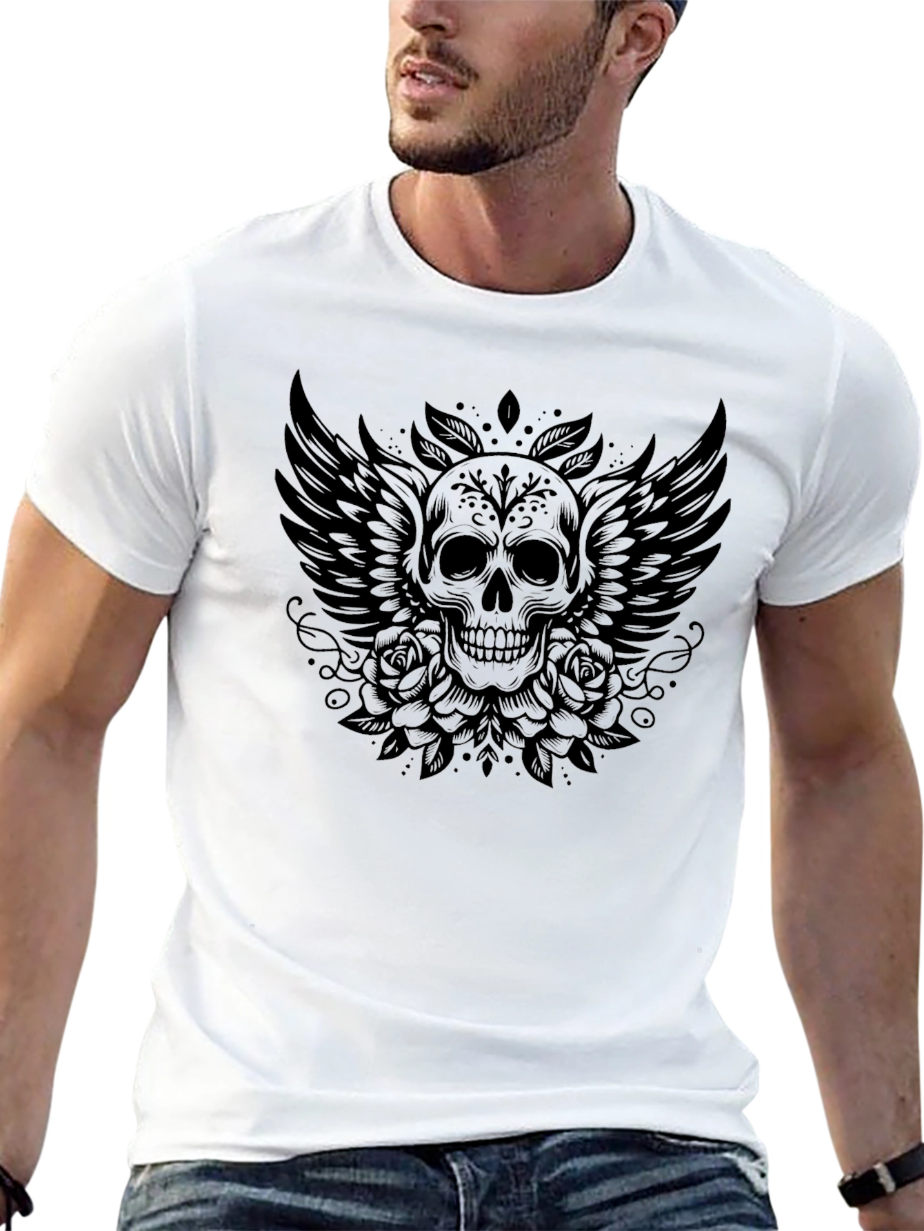 Skull Wings Roses Graphic Tee - Black T-Shirt