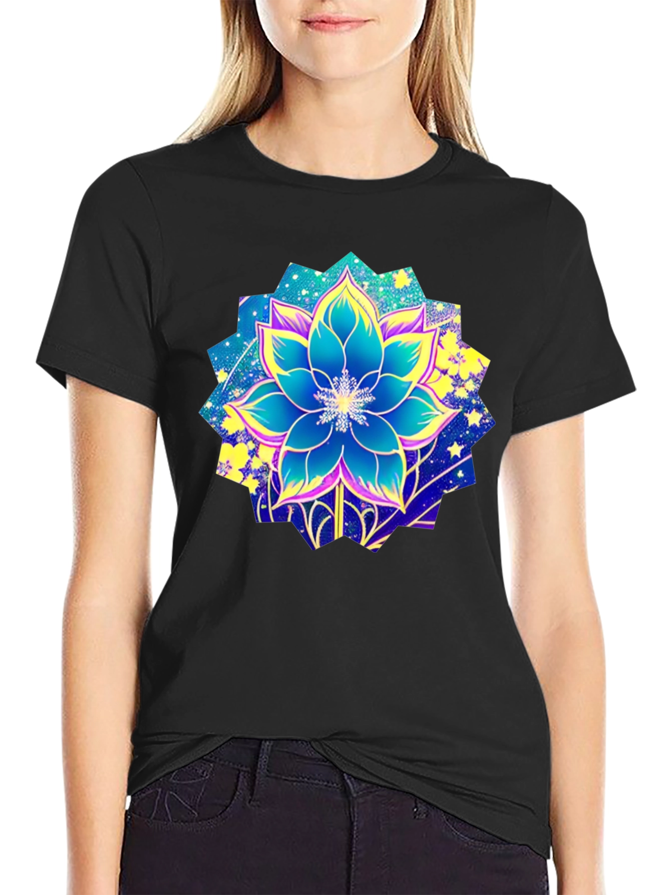 Floral Galaxy Print Black T-Shirt