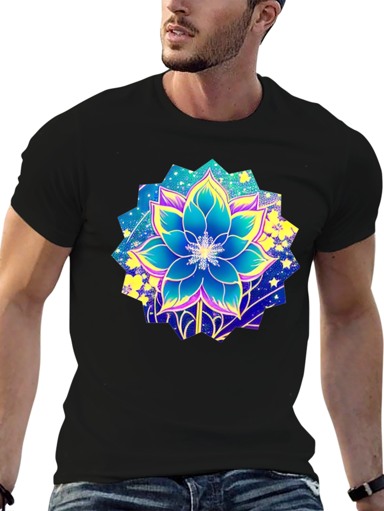 Floral Galaxy Print Black T-Shirt