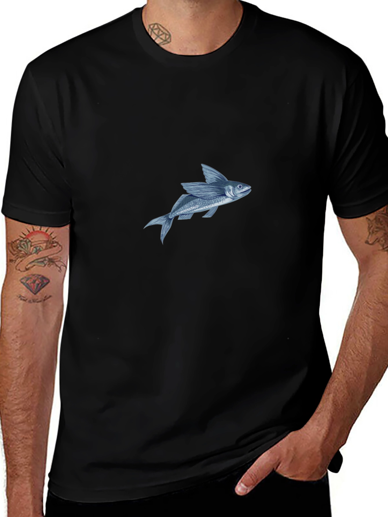 Black T-Shirt with Flying Fish Graphic