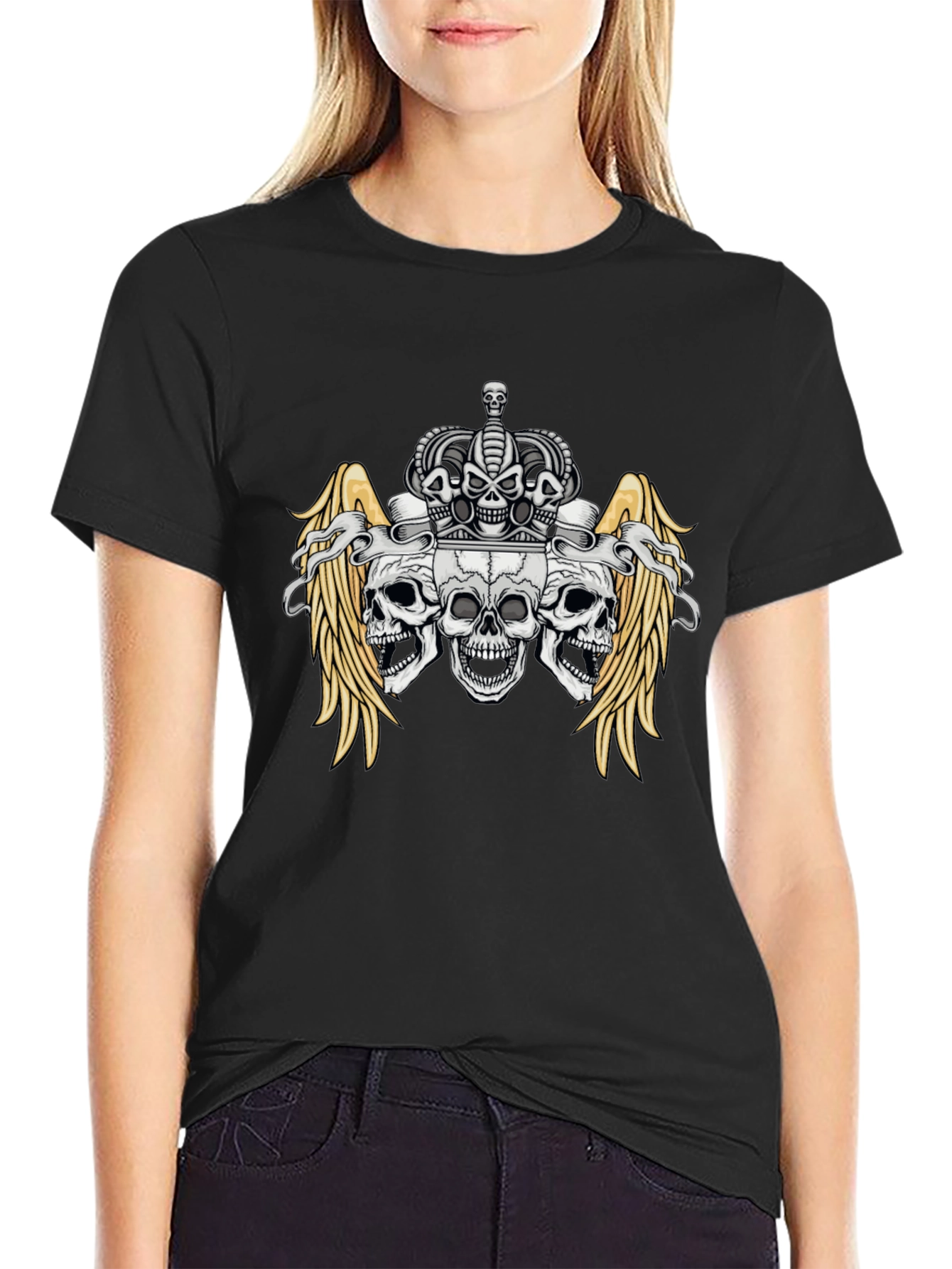 Skull Crown Wings Graphic Black T-Shirt