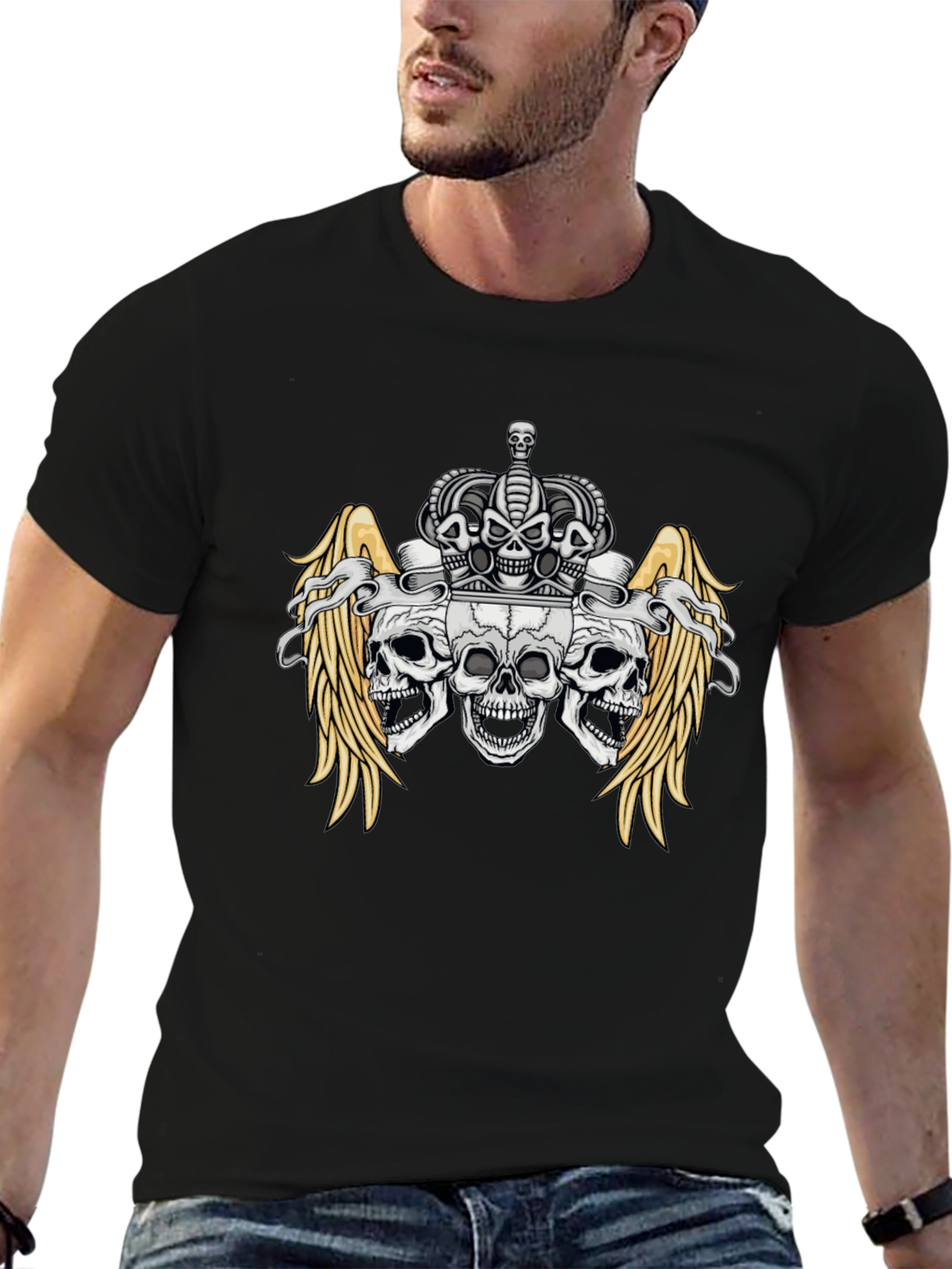 Skull Crown Wings Graphic Black T-Shirt