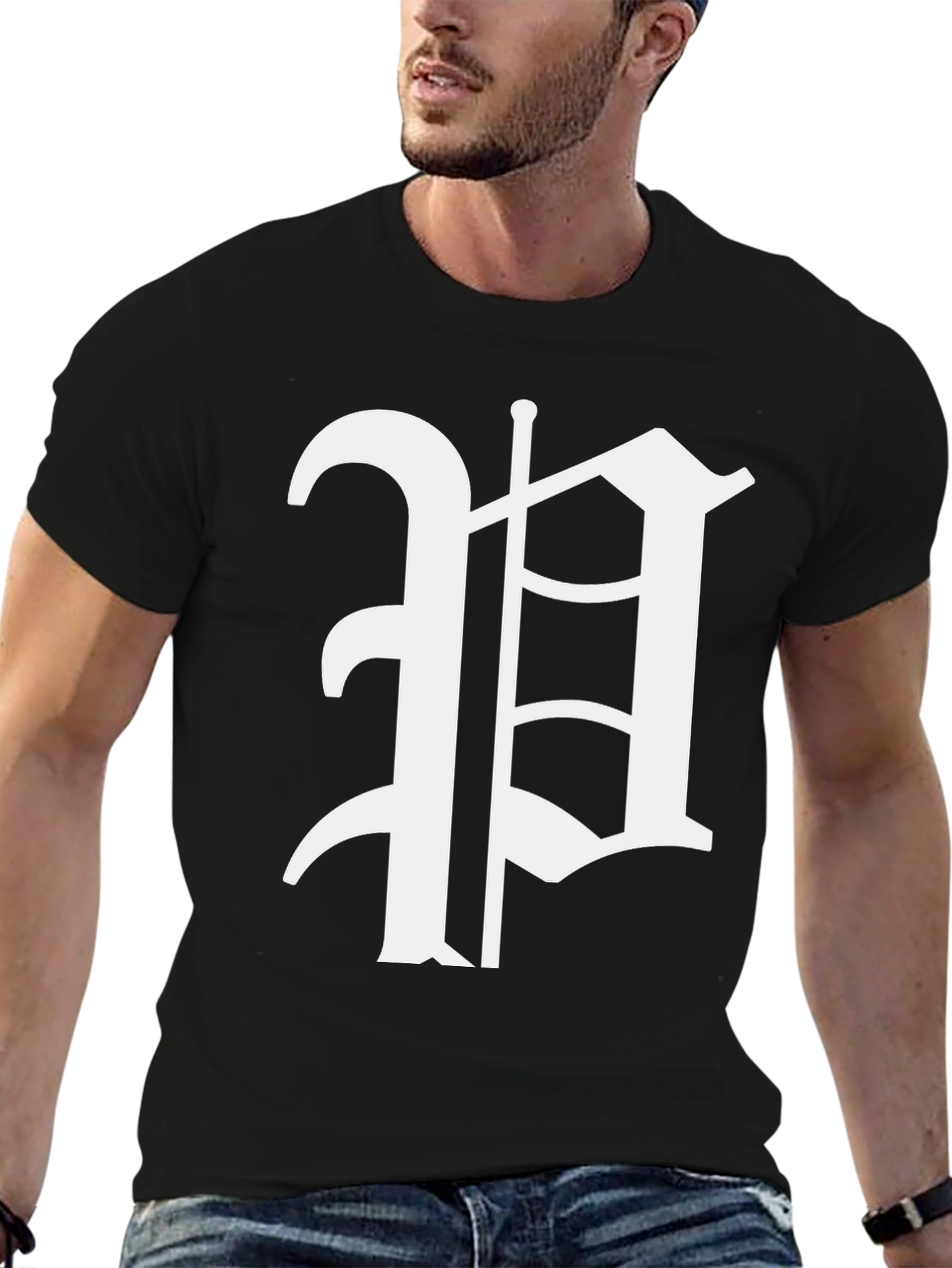 Black T-Shirt with White Gothic Letter