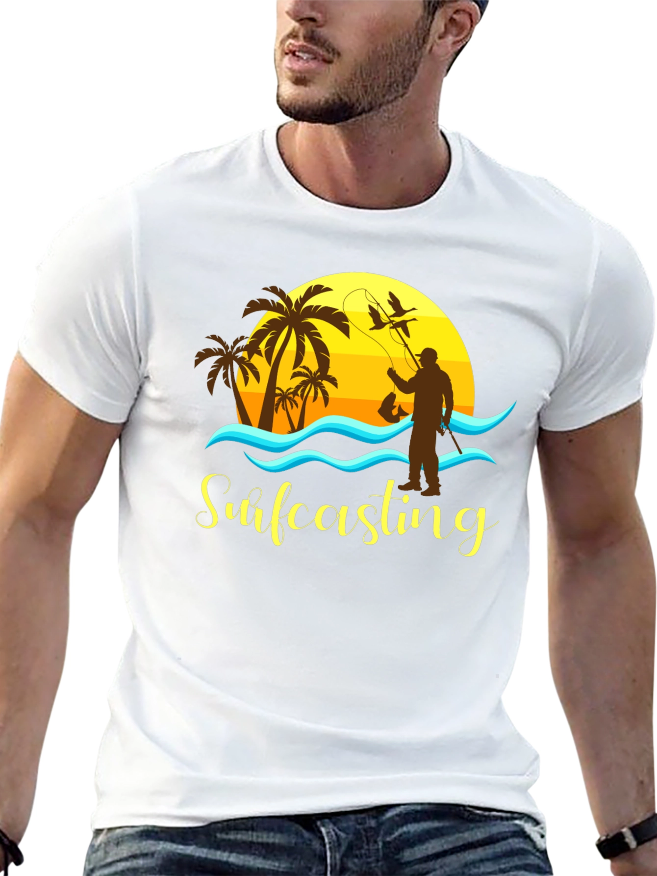 Surfcasting T-Shirt: Fishing Sunset Scene