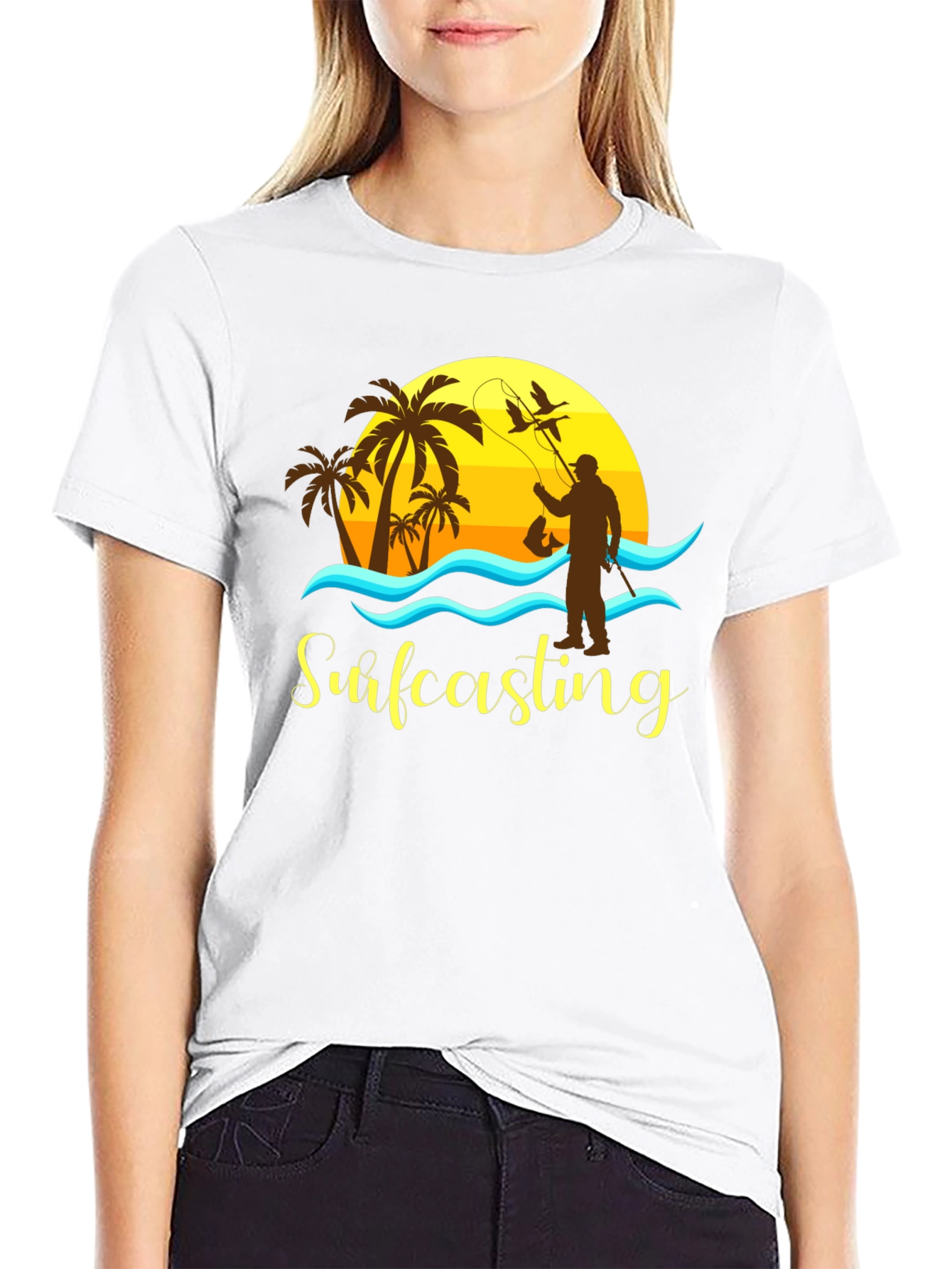 Surfcasting T-Shirt: Fishing Sunset Scene