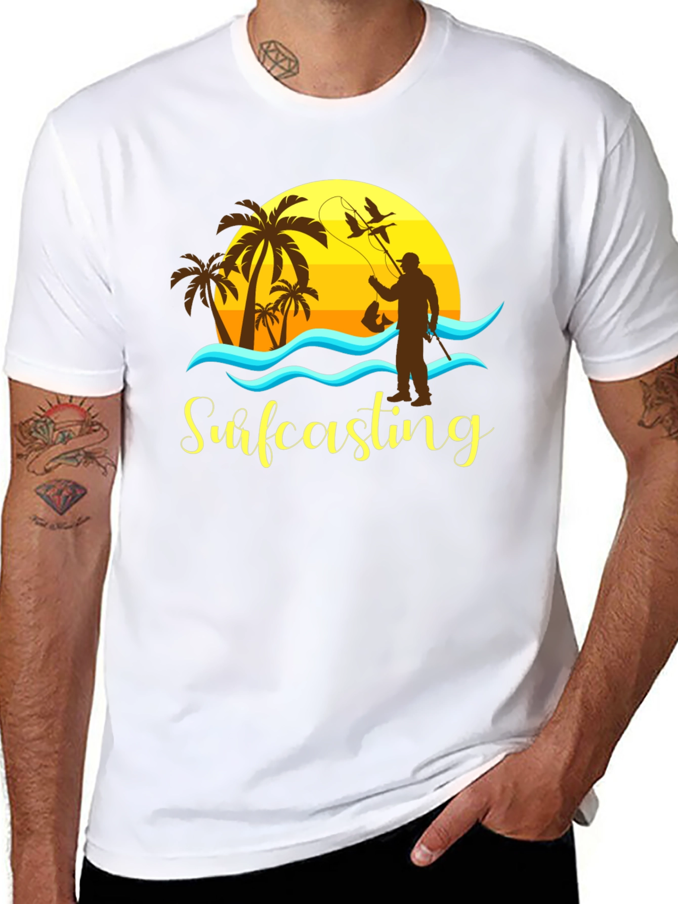 Surfcasting T-Shirt: Fishing Sunset Scene