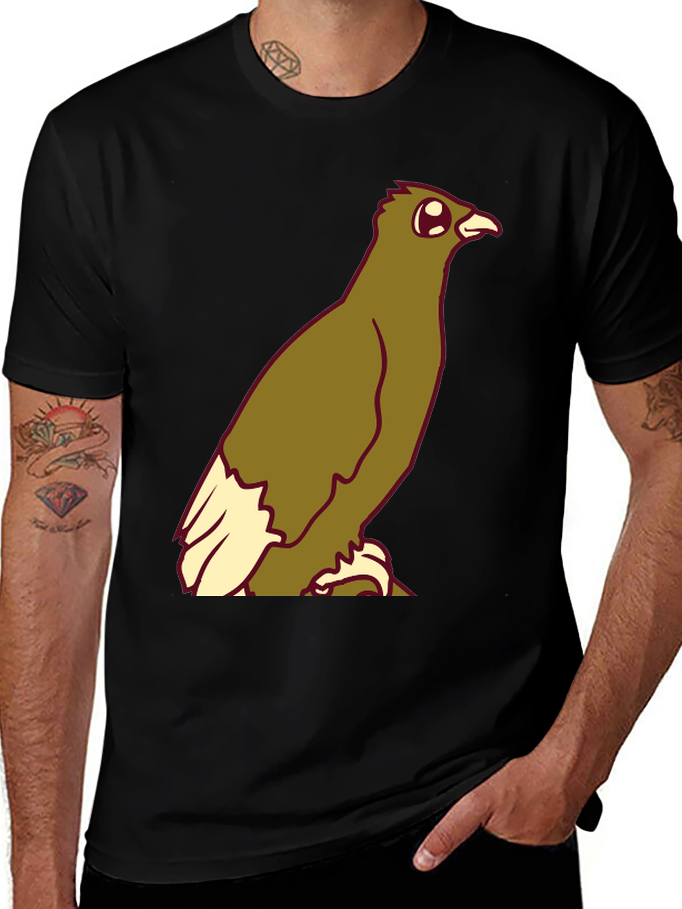 Cartoon Bird Graphic Tee - Black Cotton Blend T-Shirt