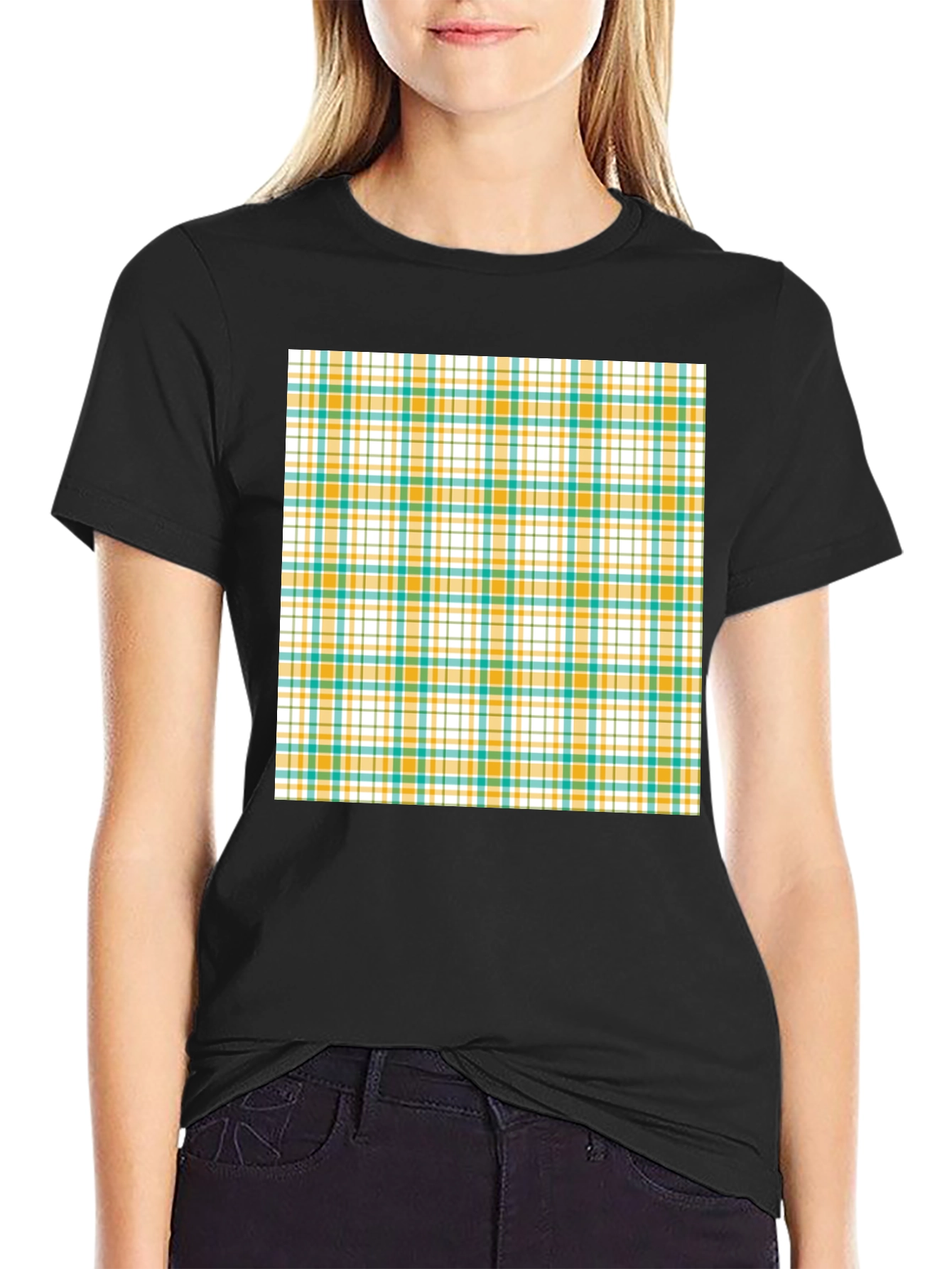 Modern Plaid Pattern Black T-Shirt