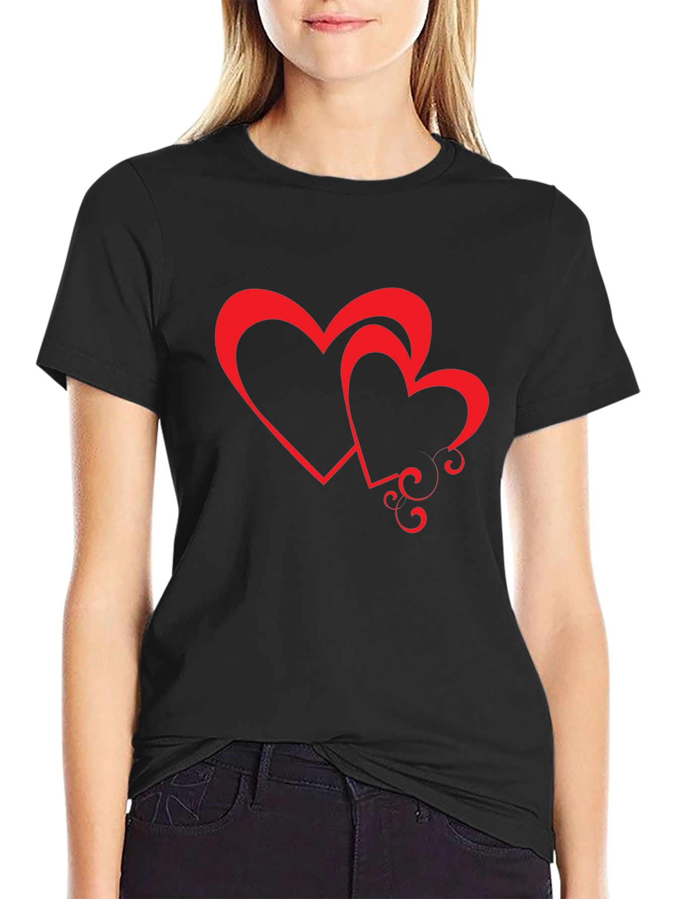 Black Tee with Red Hearts Graphic