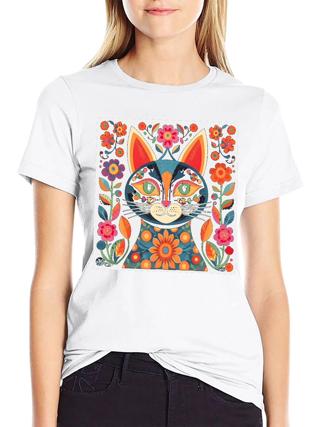 Whimsical Floral Cat Graphic Tee