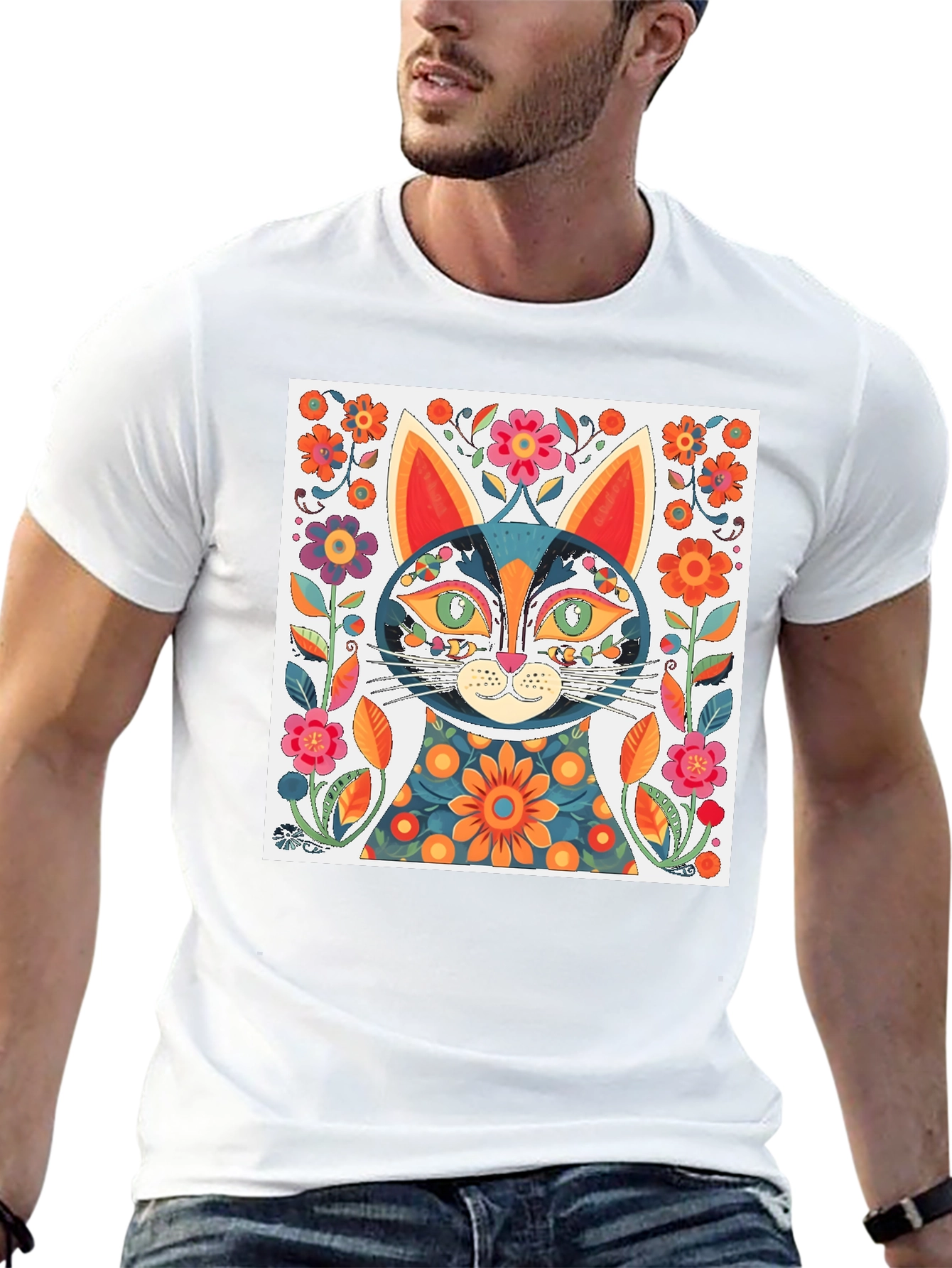Whimsical Floral Cat Graphic Tee