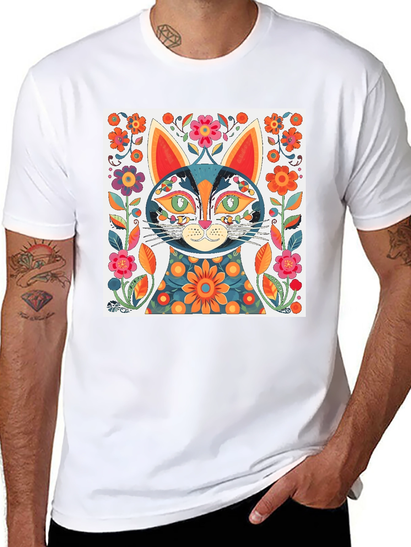 Whimsical Floral Cat Graphic Tee