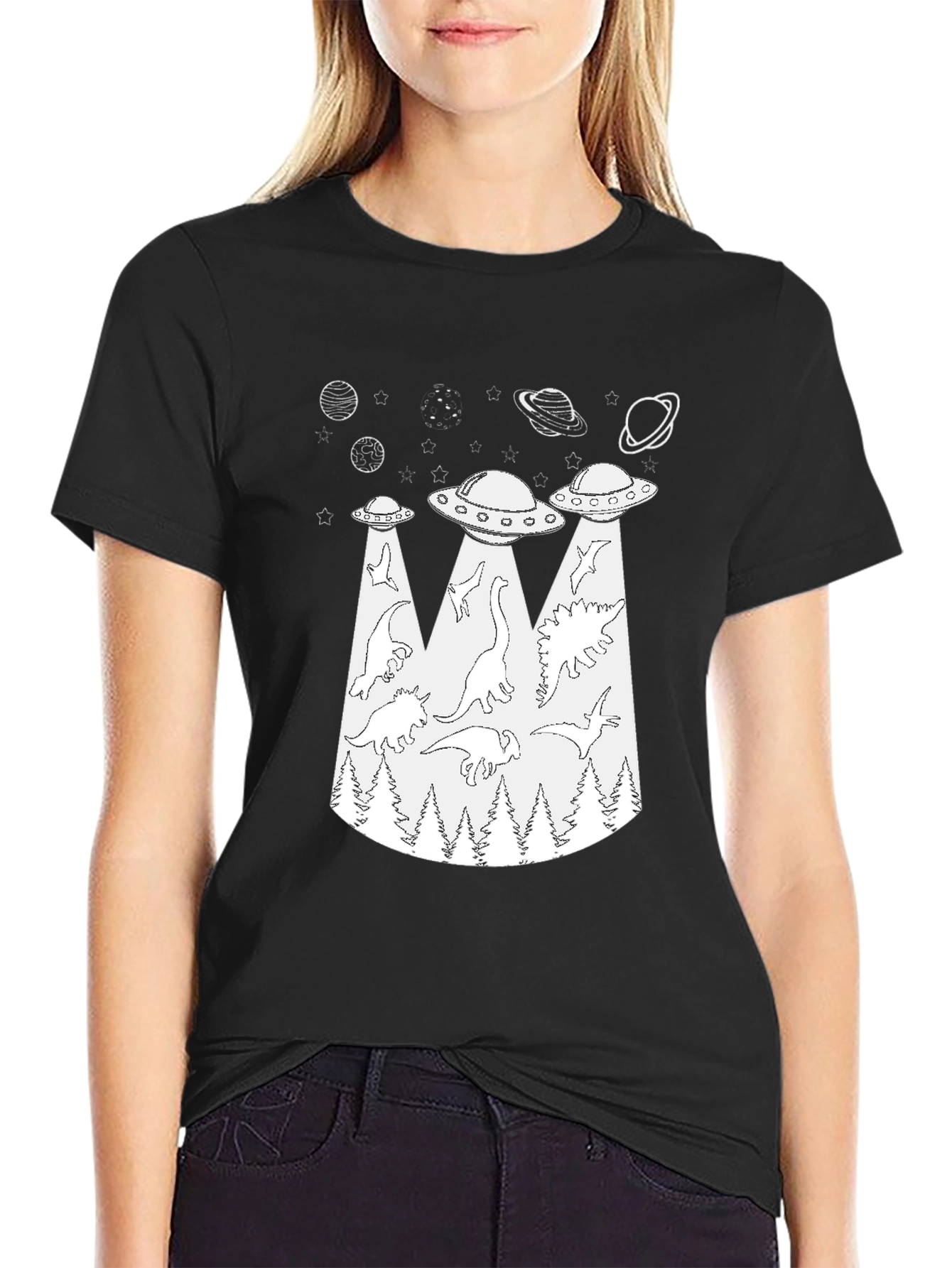 Dinosaur Abduction T-Shirt - UFO Alien Beam
