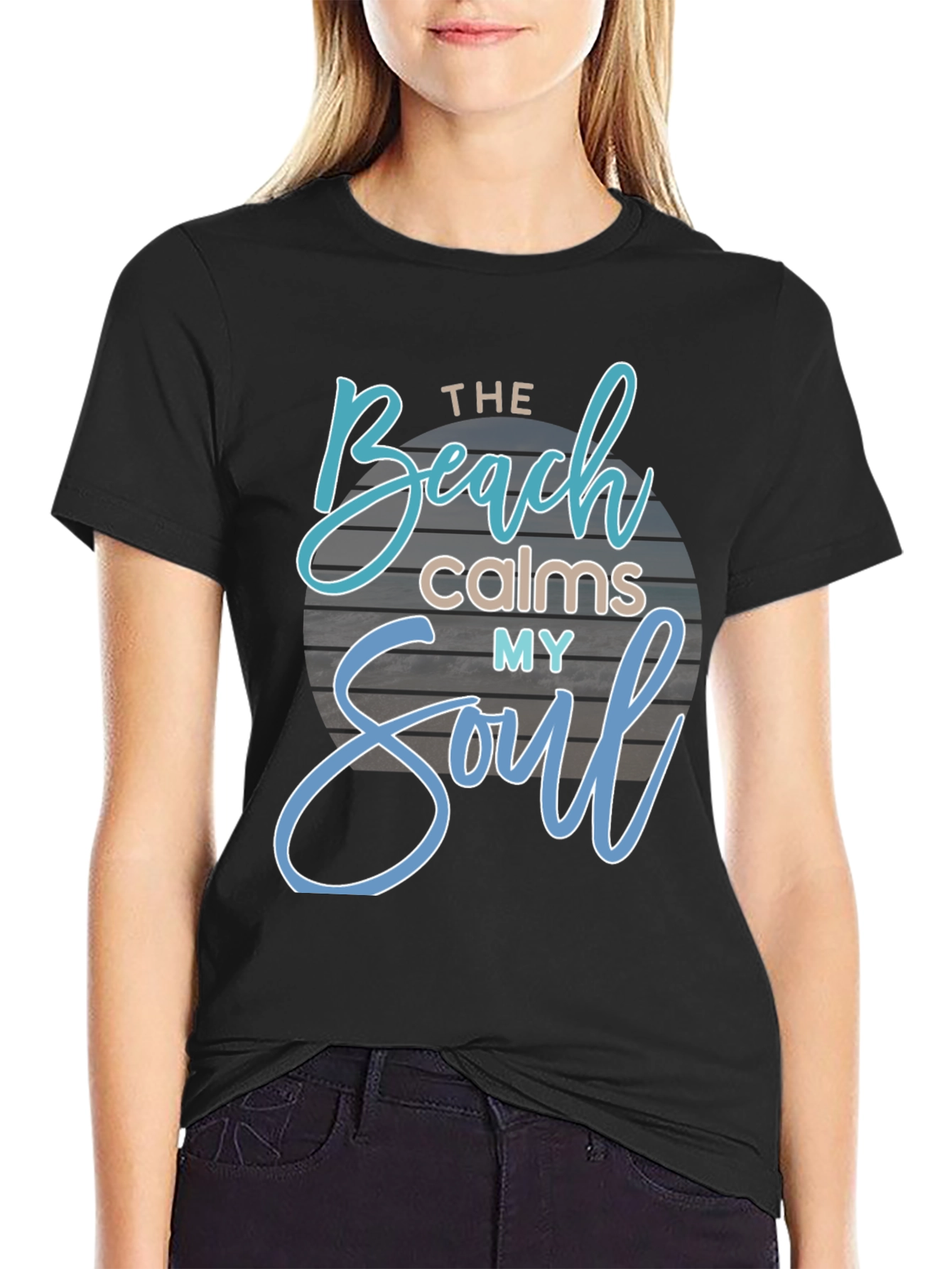 The Beach Calms My Soul Black Graphic T-Shirt
