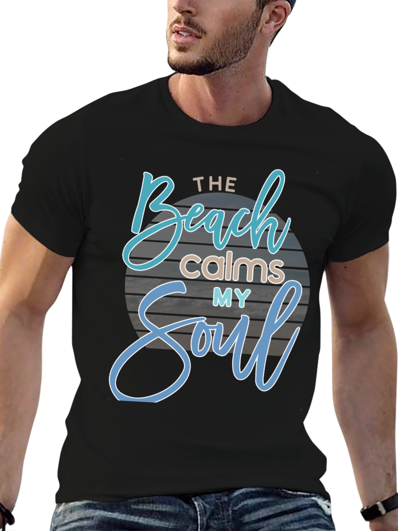 The Beach Calms My Soul Black Graphic T-Shirt