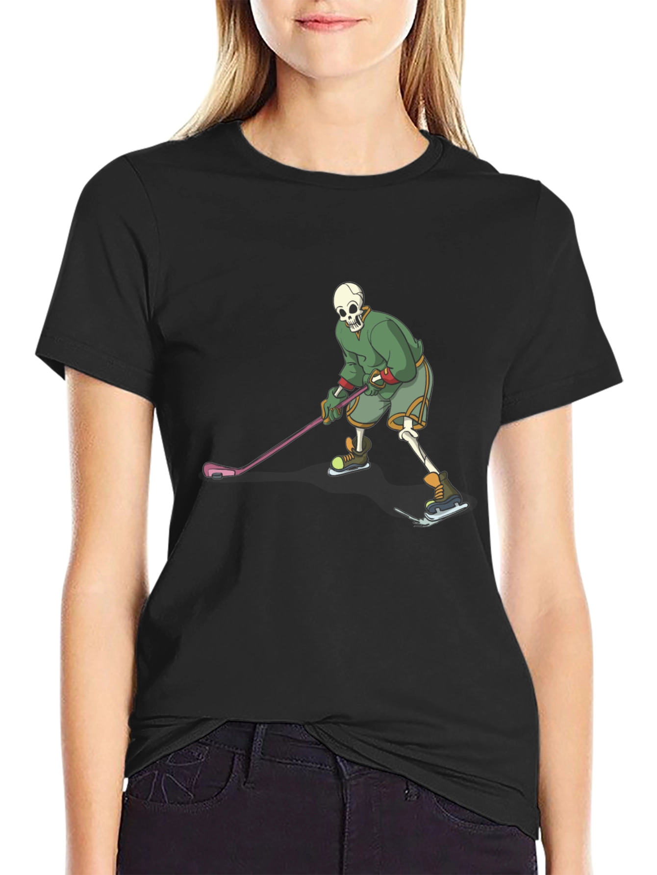Skeleton Hockey Player Black T-Shirt