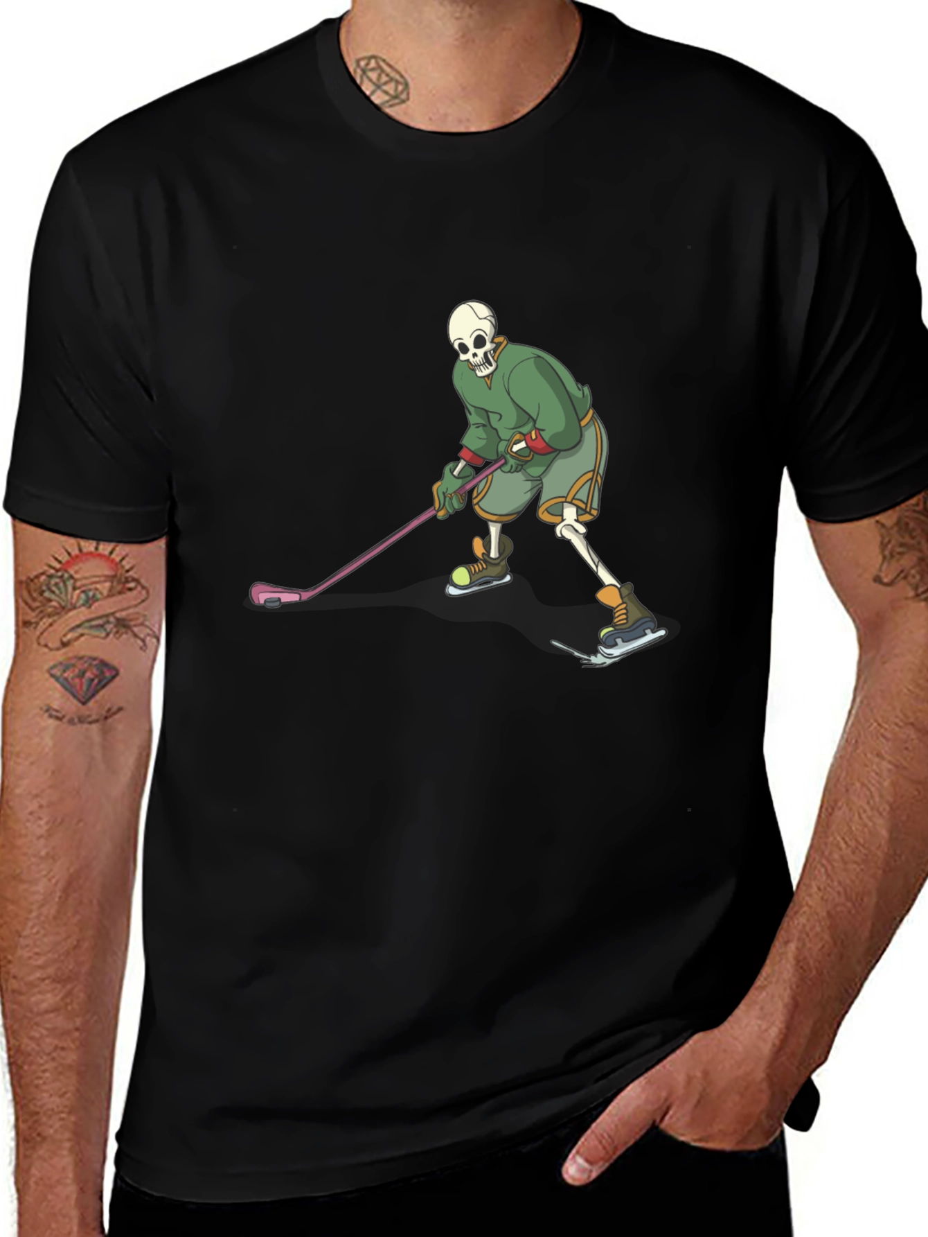 Skeleton Hockey Player Black T-Shirt