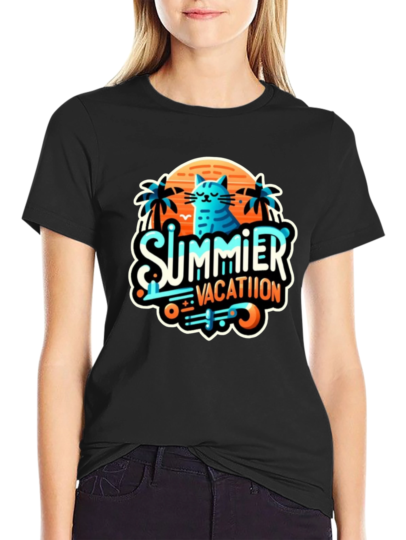 Summer Vacation Cat Graphic Tee