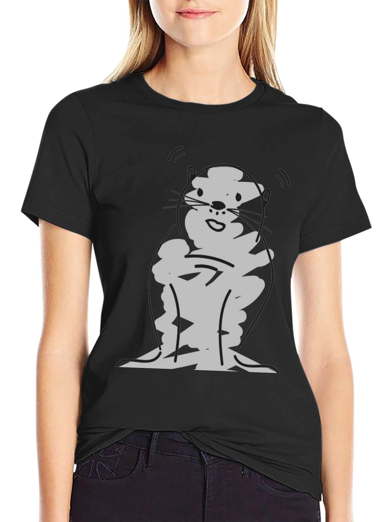 Cartoon Otter Graphic T-Shirt - Black
