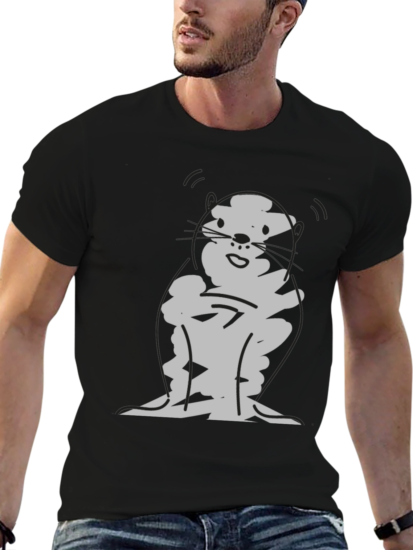 Cartoon Otter Graphic T-Shirt - Black
