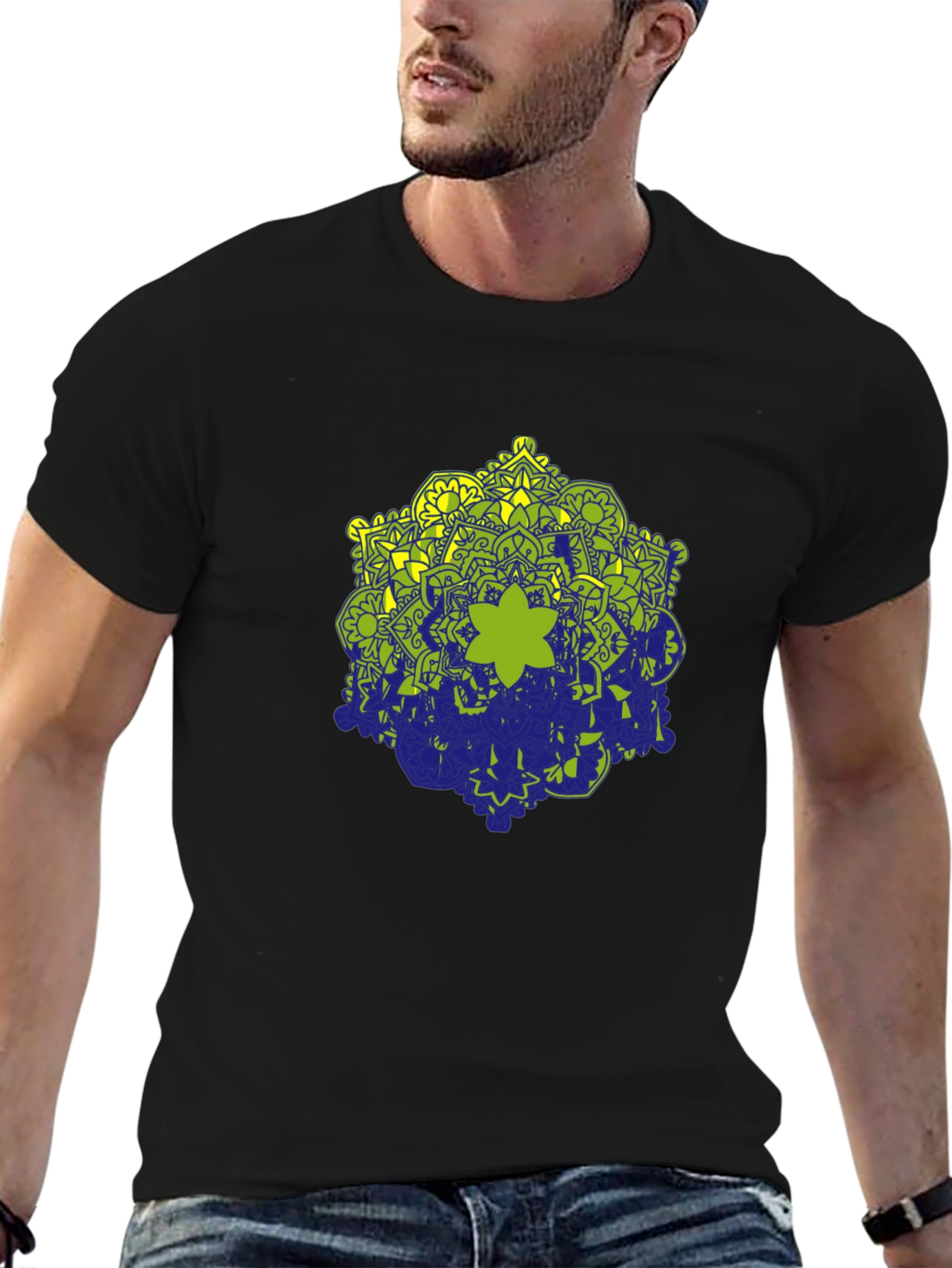 Black Tee with Geometric Mandala Design