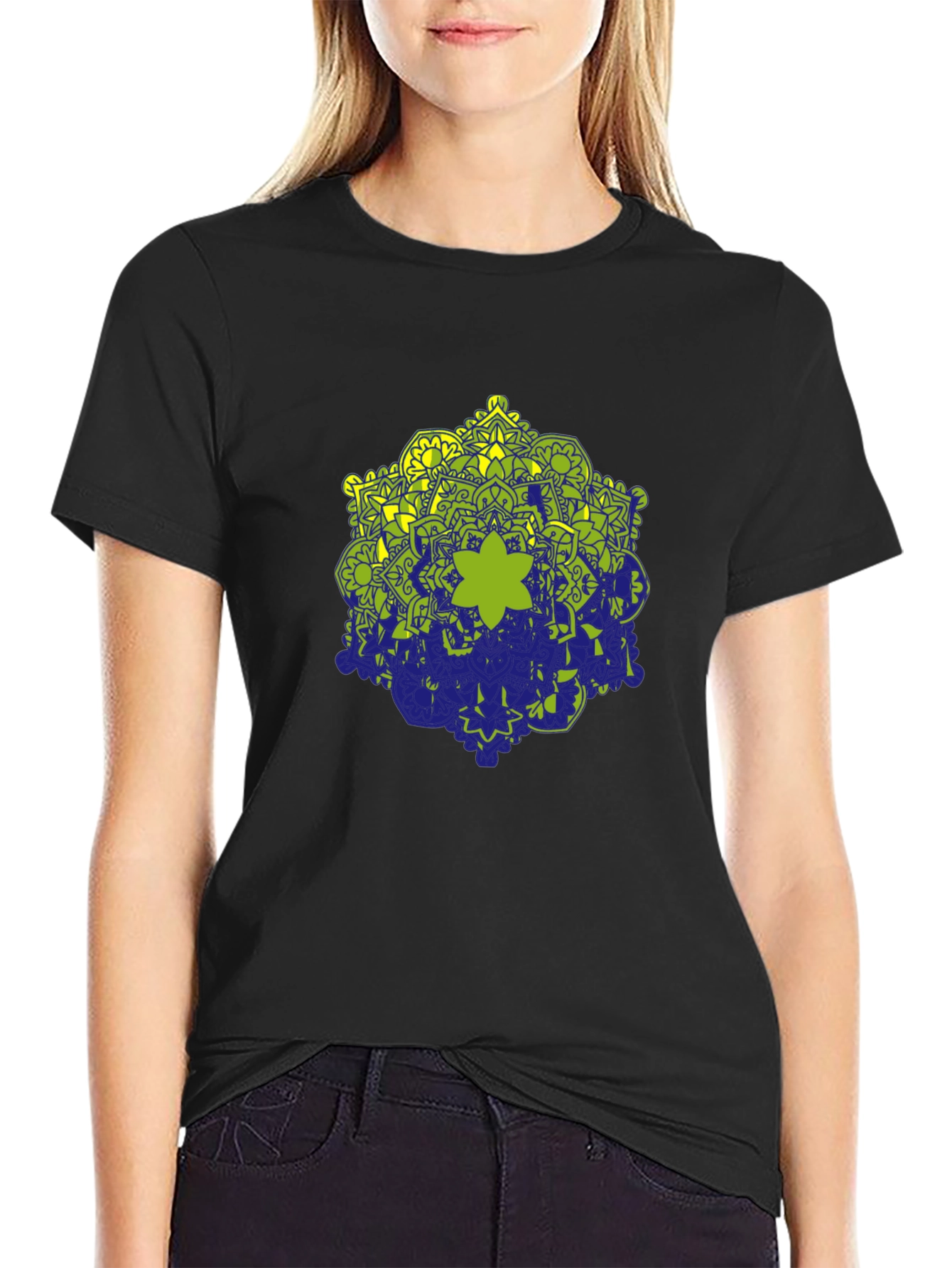Black Tee with Geometric Mandala Design