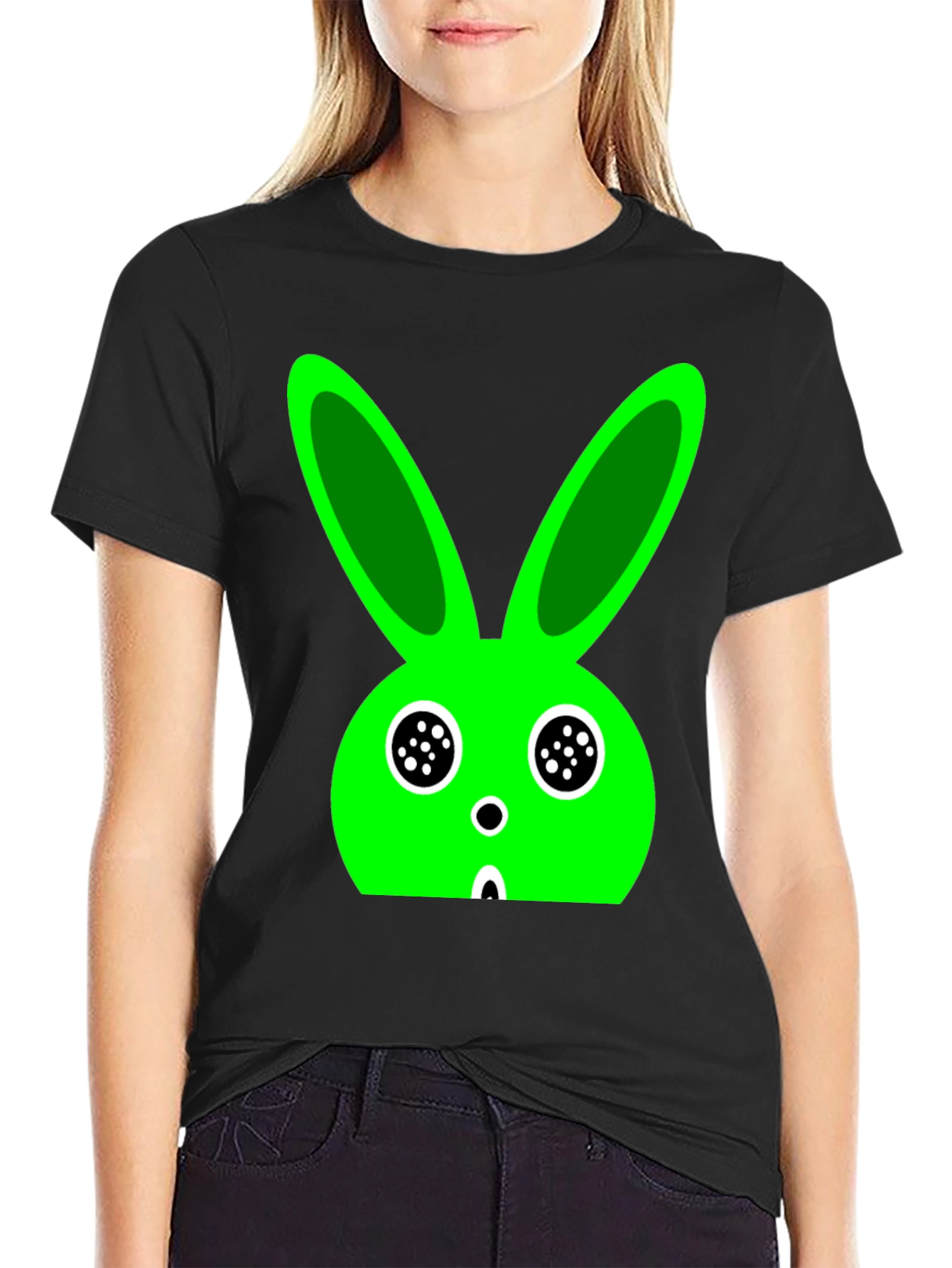 Funky Green Bunny Graphic Black T-Shirt