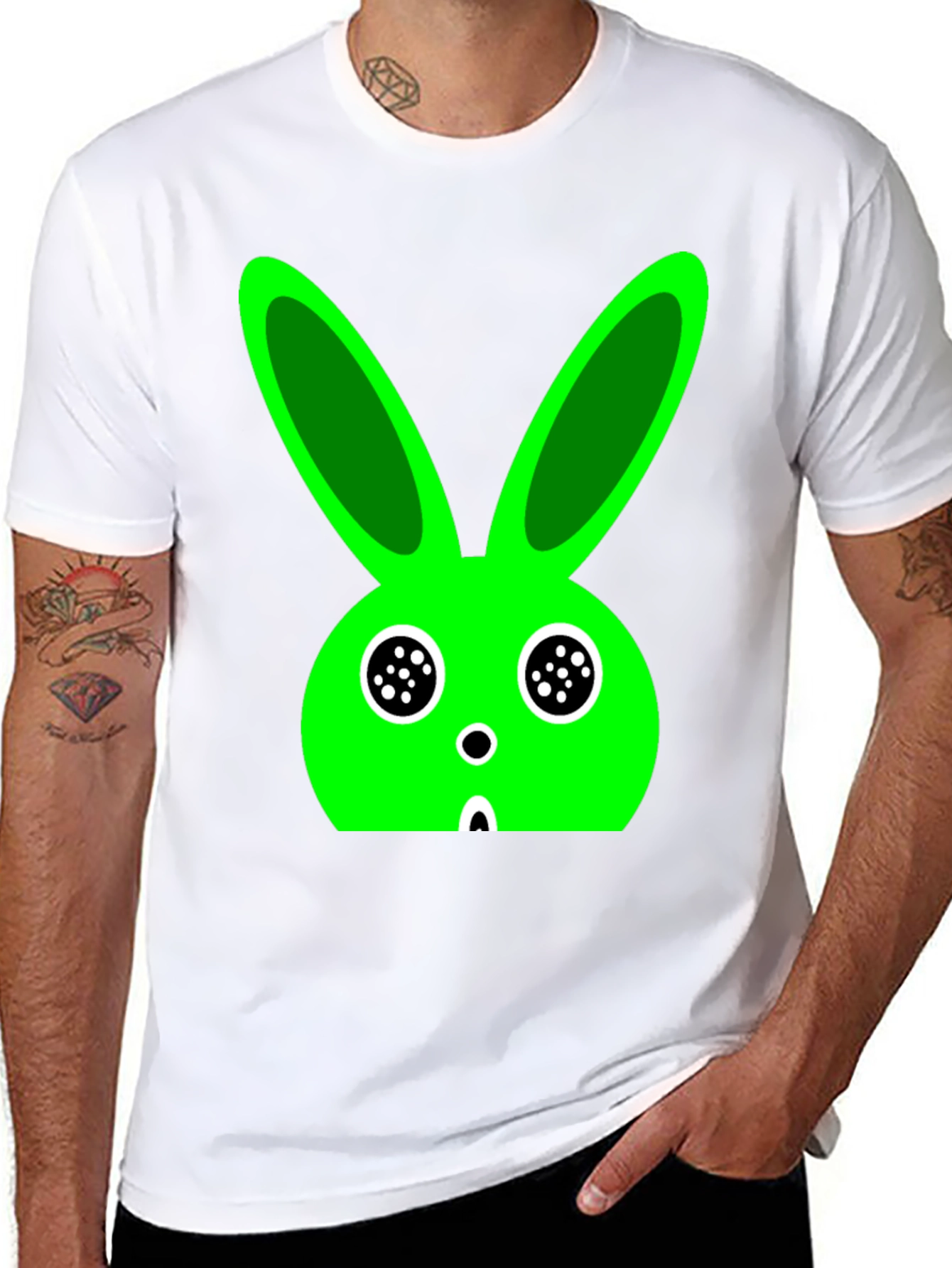 Funky Green Bunny Graphic Black T-Shirt