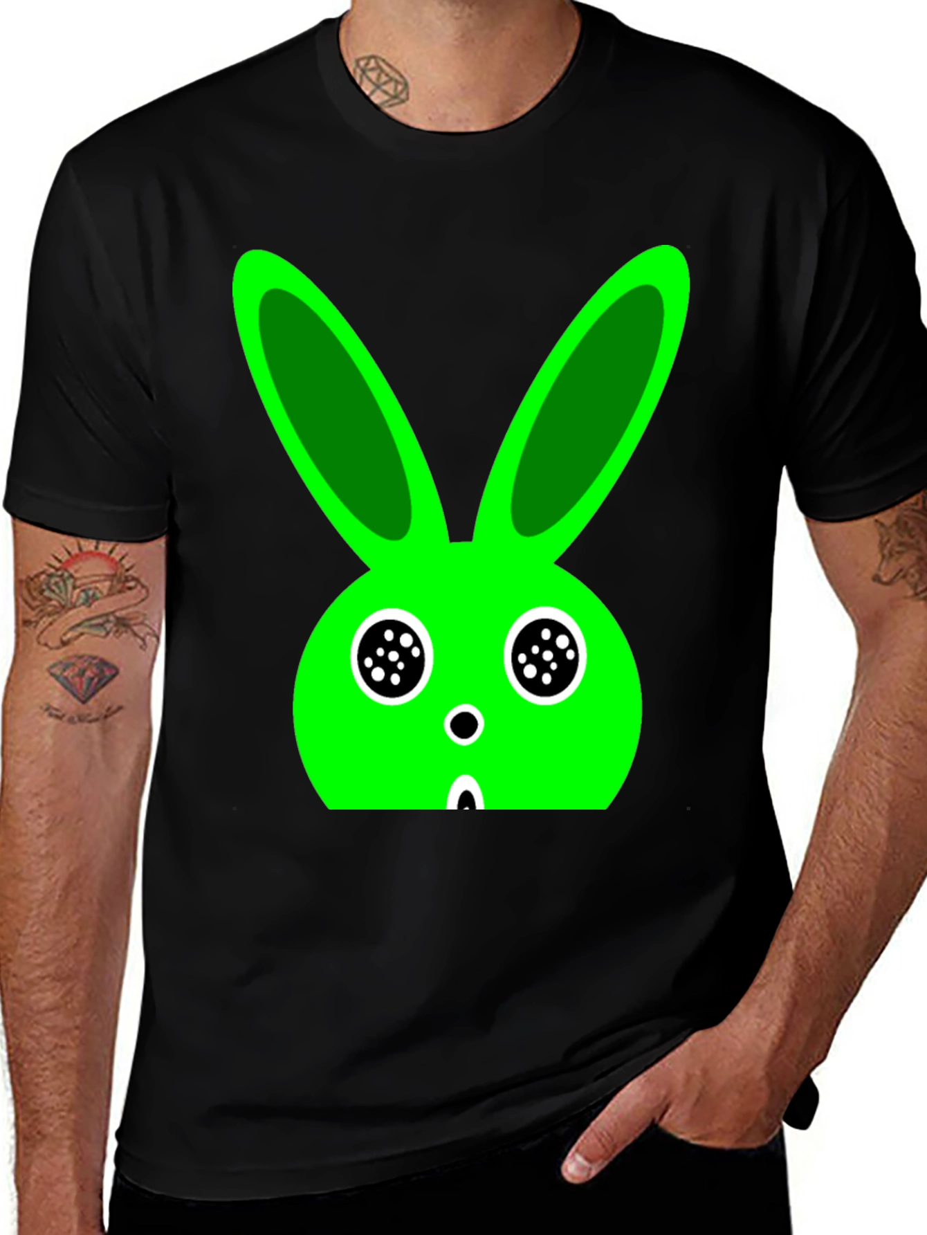 Funky Green Bunny Graphic Black T-Shirt