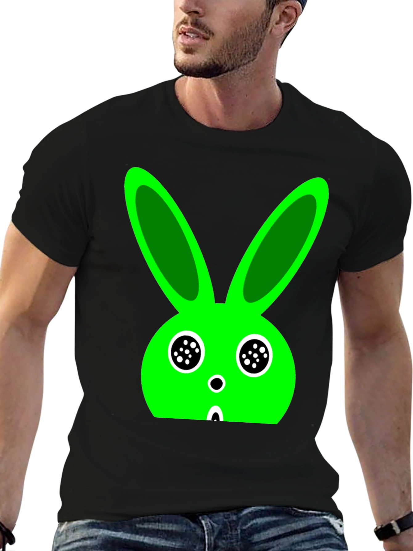 Funky Green Bunny Graphic Black T-Shirt