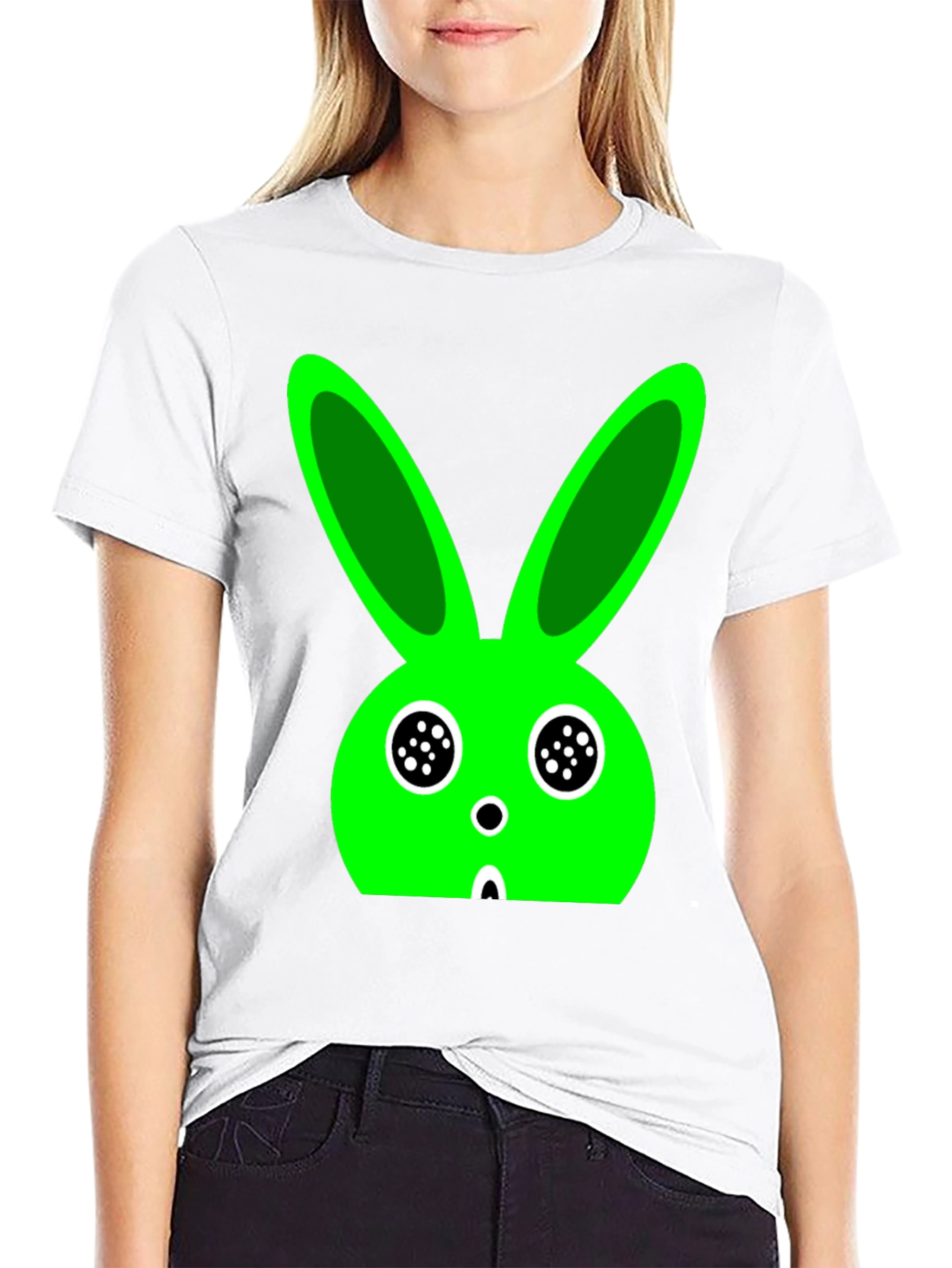 Funky Green Bunny Graphic Black T-Shirt