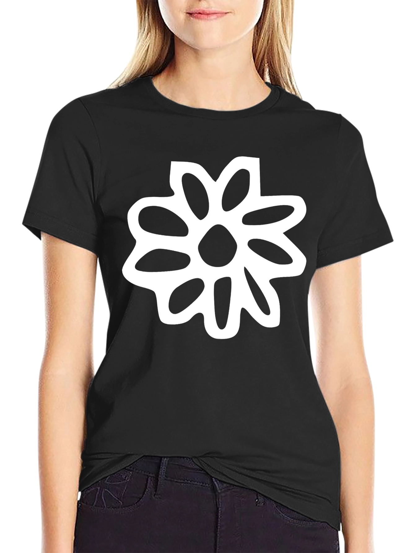 Black T-Shirt with White Flower Graphic