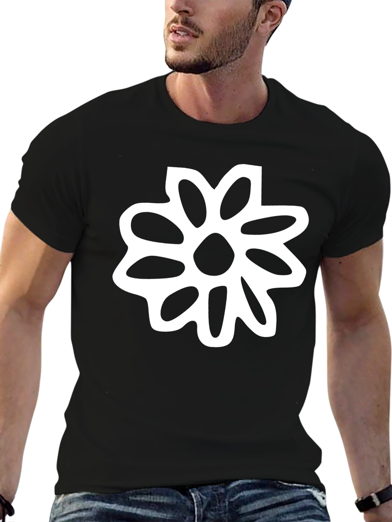 Black T-Shirt with White Flower Graphic