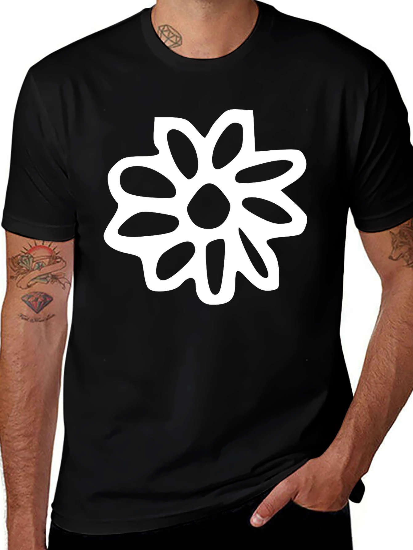 Black T-Shirt with White Flower Graphic