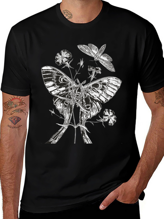 Moth & Floral Graphic Tee - Elegant Unisex Design