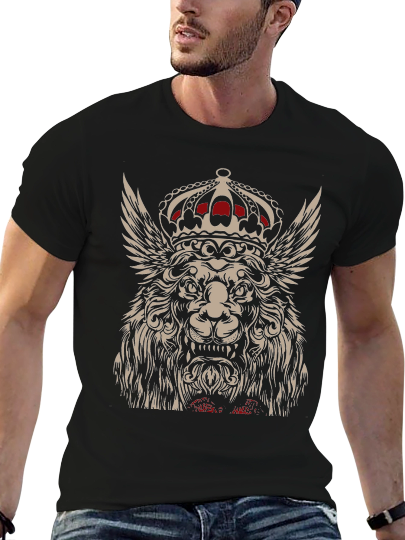 Winged Lion King Crown Graphic T-Shirt - Black