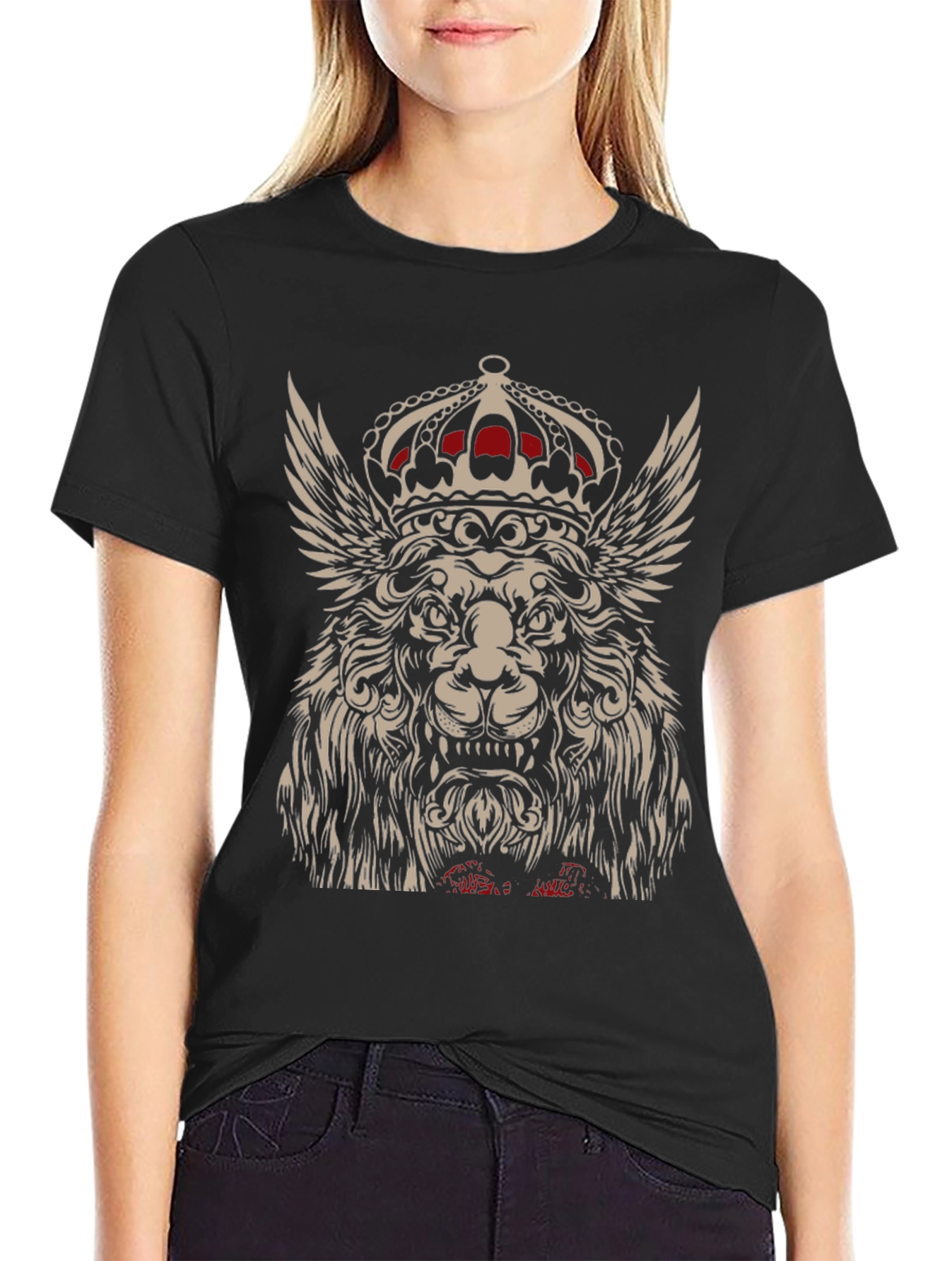 Winged Lion King Crown Graphic T-Shirt - Black