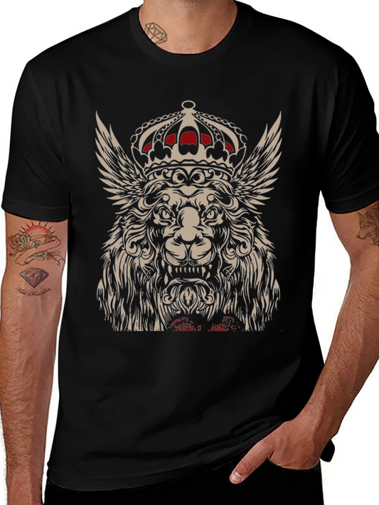 Winged Lion King Crown Graphic T-Shirt - Black