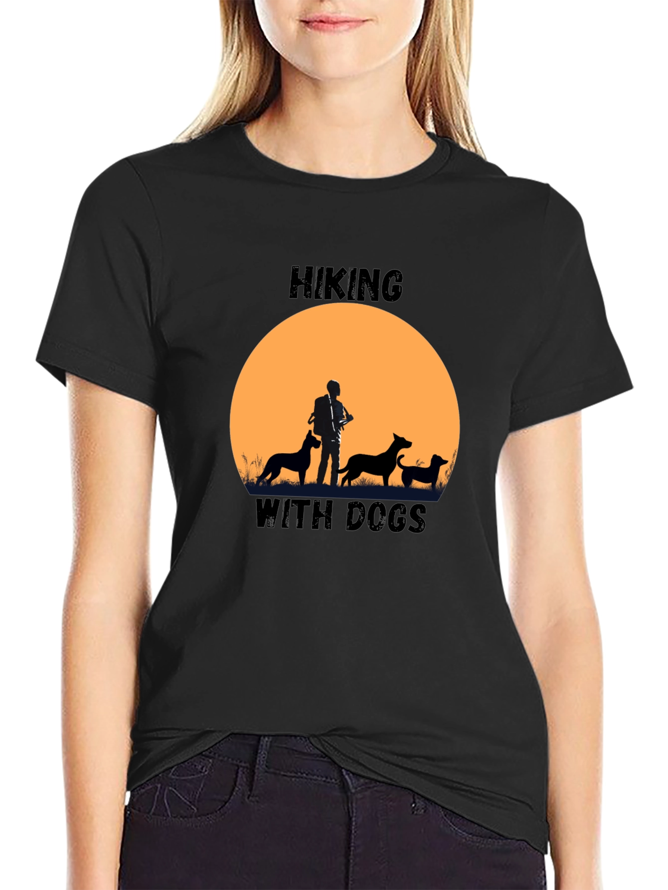 Hiking with Dogs Black Graphic T-Shirt