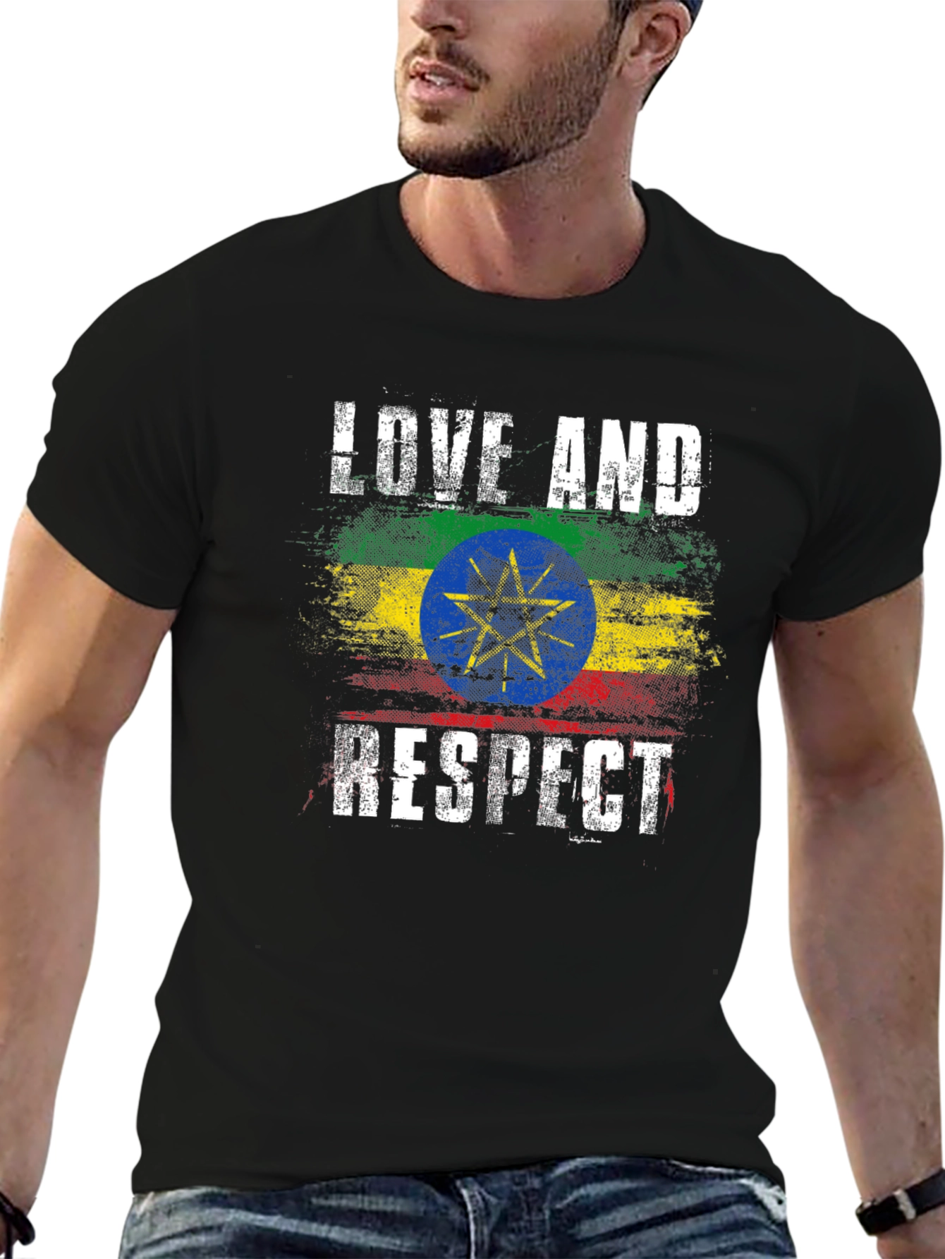 Ethiopia Flag Love and Respect Black T-Shirt