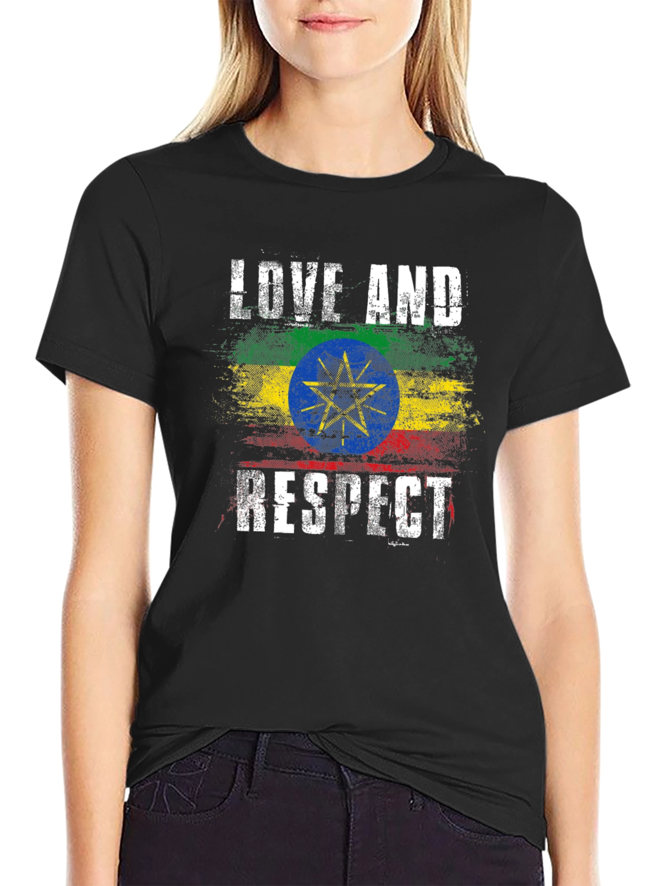 Ethiopia Flag Love and Respect Black T-Shirt