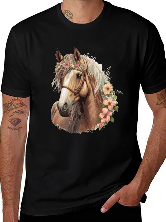 Floral Horse Graphic Tee - Stylish Black T-Shirt